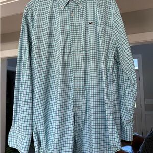 Blue and Green Casual Button Down Shirt with Checkered Pattern